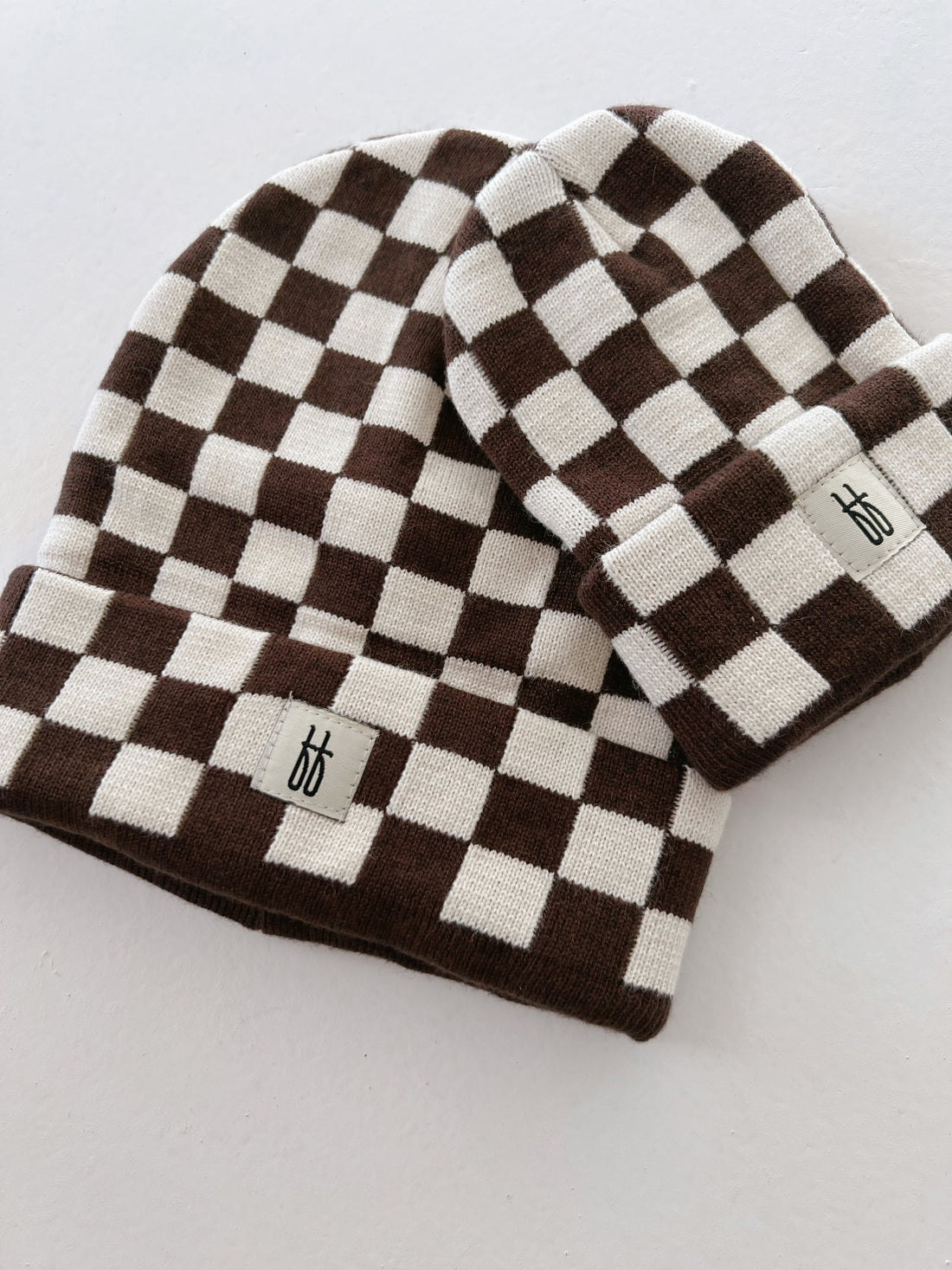 Coffee & Cream checkerboard patterned ribbed knit beanie for all ages
