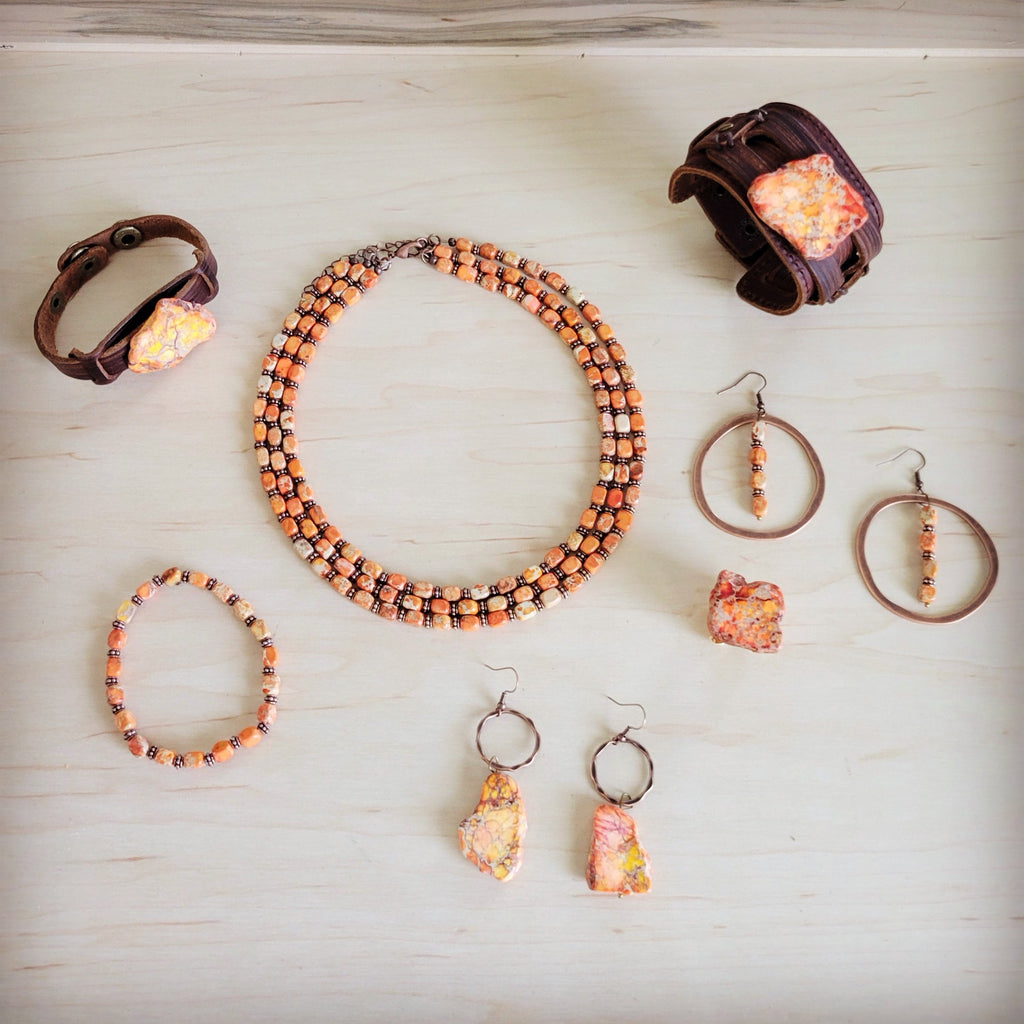 Triple Strand Layered Boho Orange Regalite Necklace 264n
