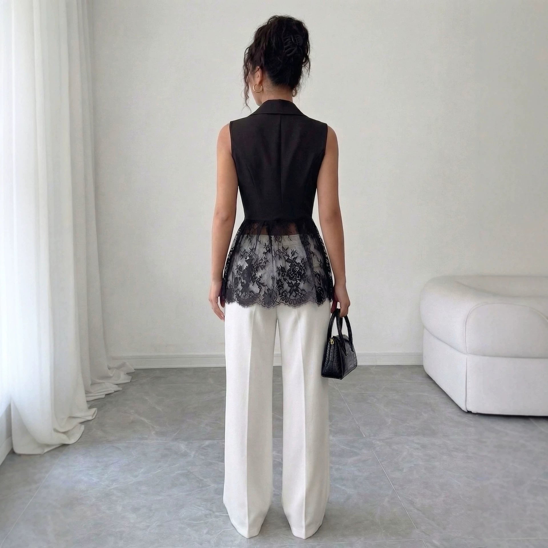 Sleeveless Lace A-Line Jacket – V-Neck Slim Fit Elegant Style