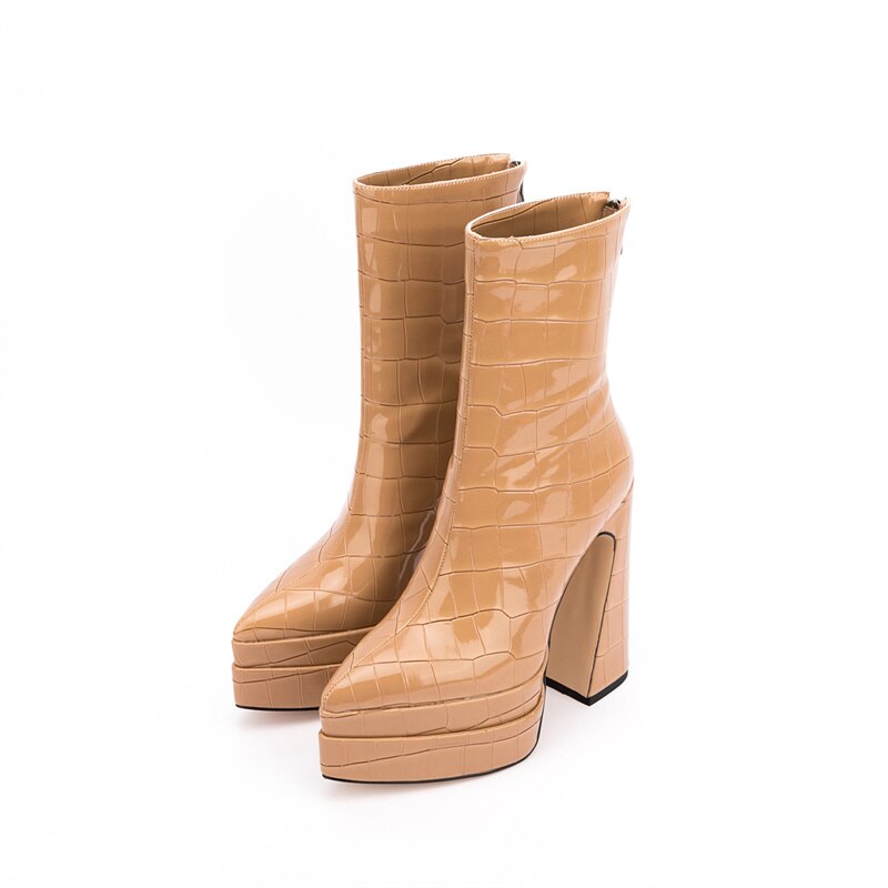 Women's Chunky Platform Ankle Boots - Stone Pattern High Heel