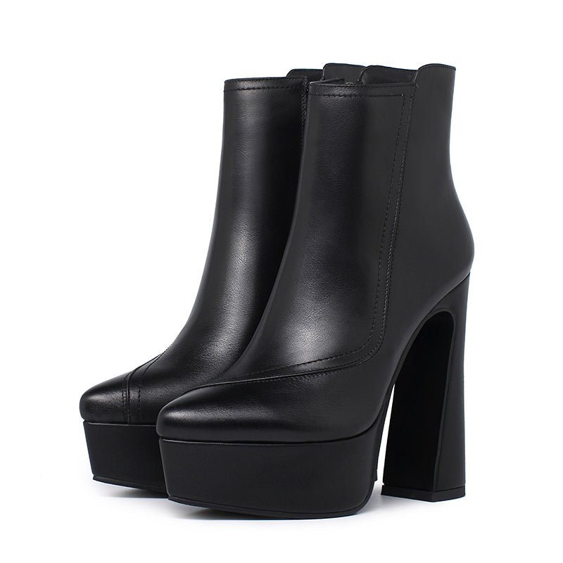 Leather Platform Ankle Boots with Pointed Toe & Thick Heel - Image 2