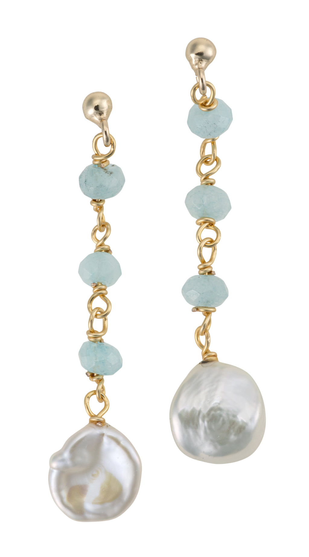 A pair of gold-tone hanging earrings featuring blue faceted aquamarine stones and large white freshwater pearls.