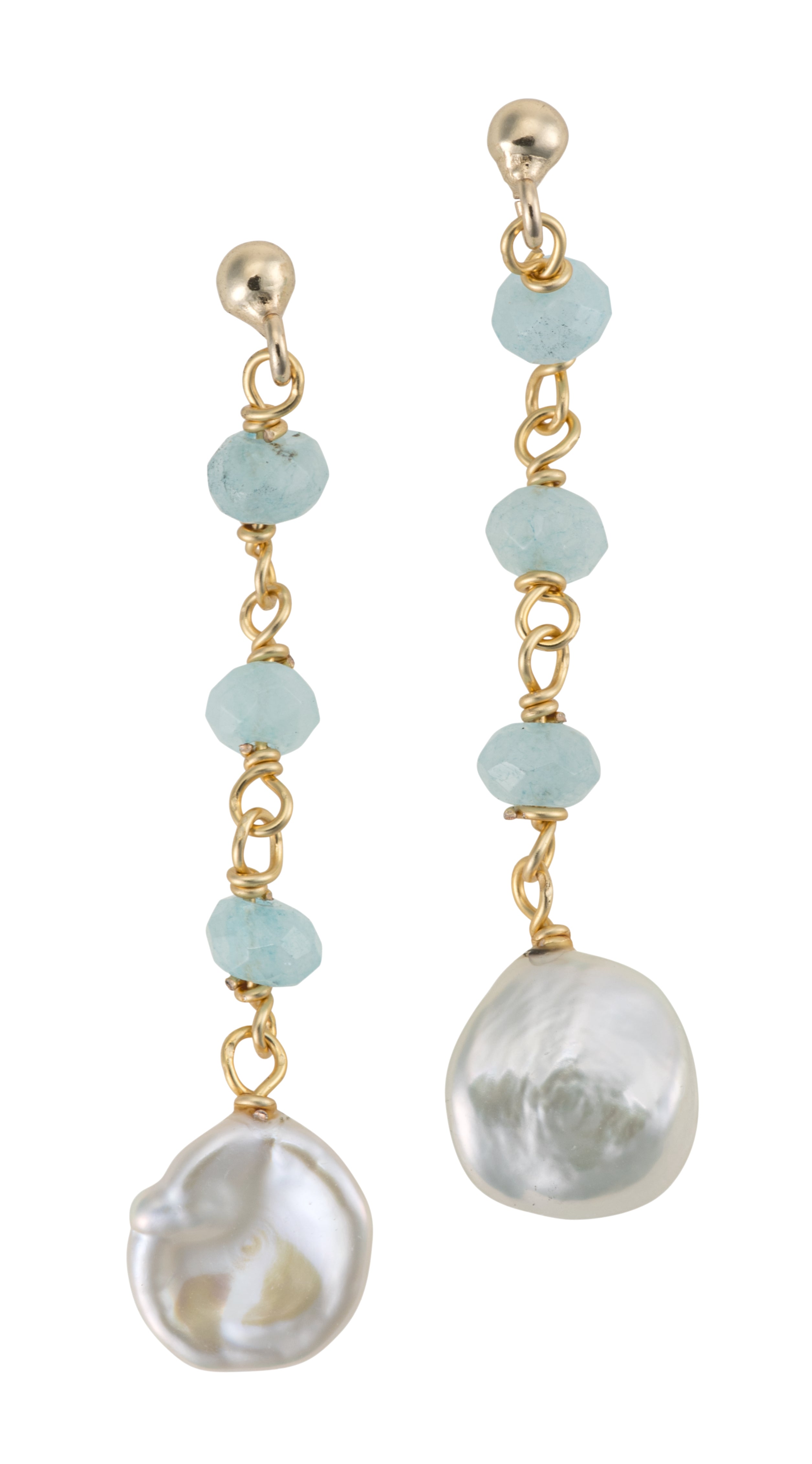 A pair of gold-tone hanging earrings featuring blue faceted aquamarine stones and large white freshwater pearls.