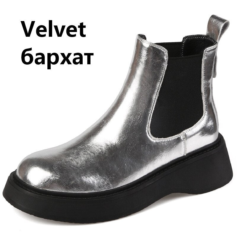 Women's Metallic Gold & Silver Leather Platform Chelsea Boots - Image 29