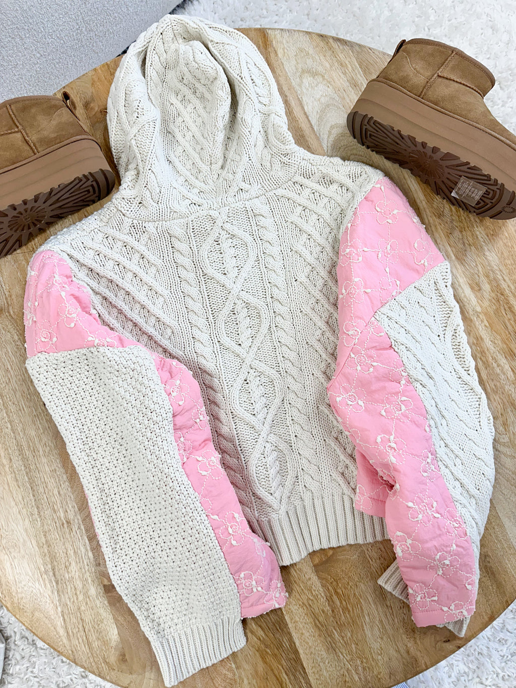 Pink Blossom Quilted Cotton Hoodie Sweater with Metal Buttons