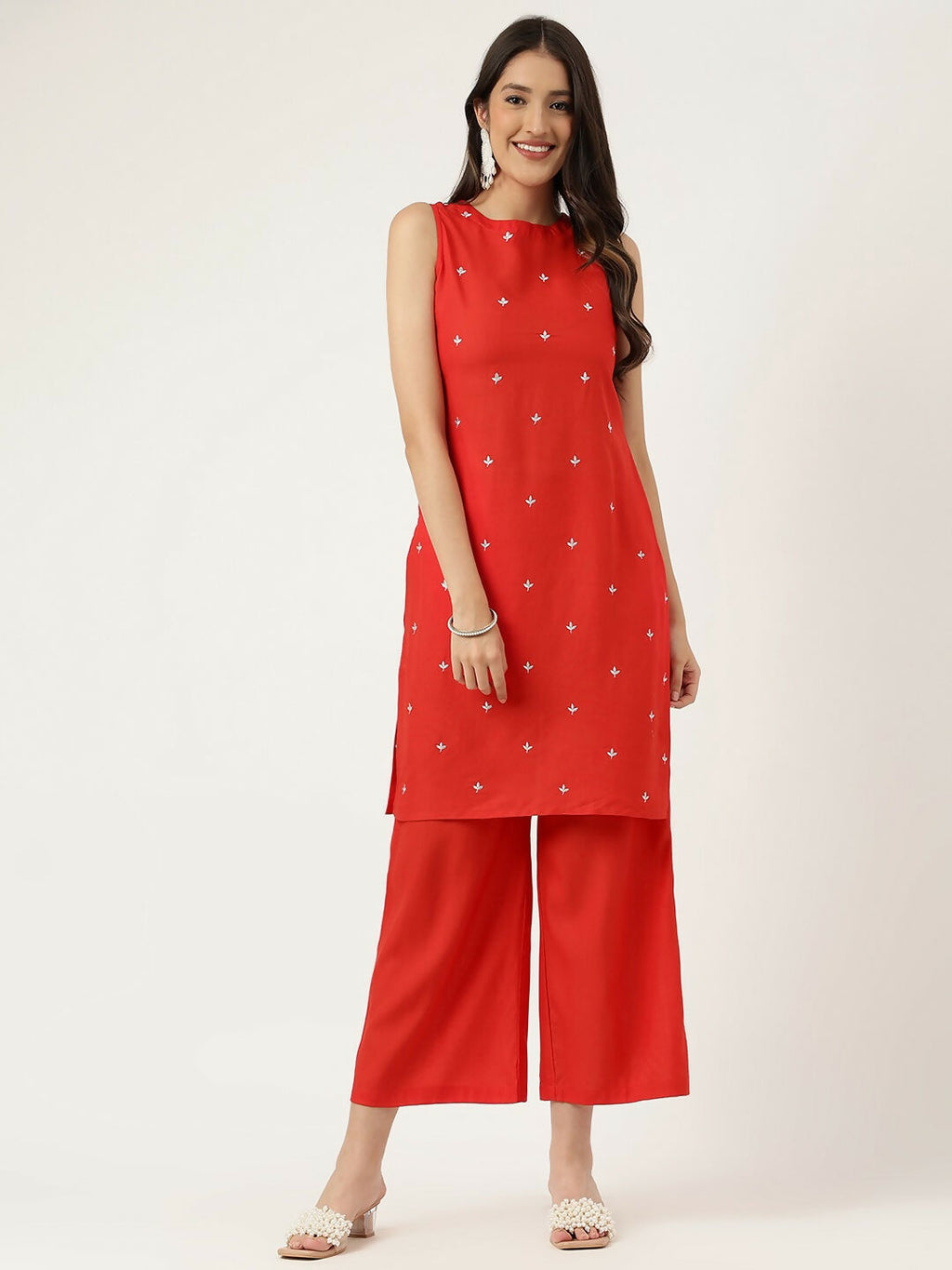 Red rayon straight kurta with embroidery paired with matching bottoms