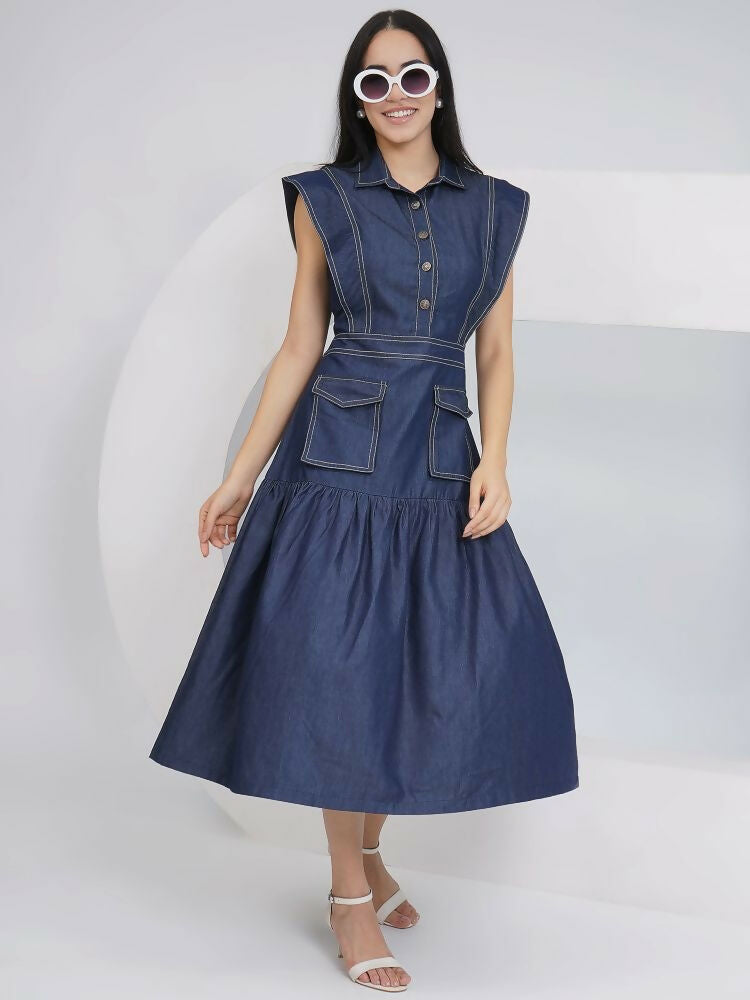 Blue Denim Midi Dress with Sleeveless A-Line Silhouette