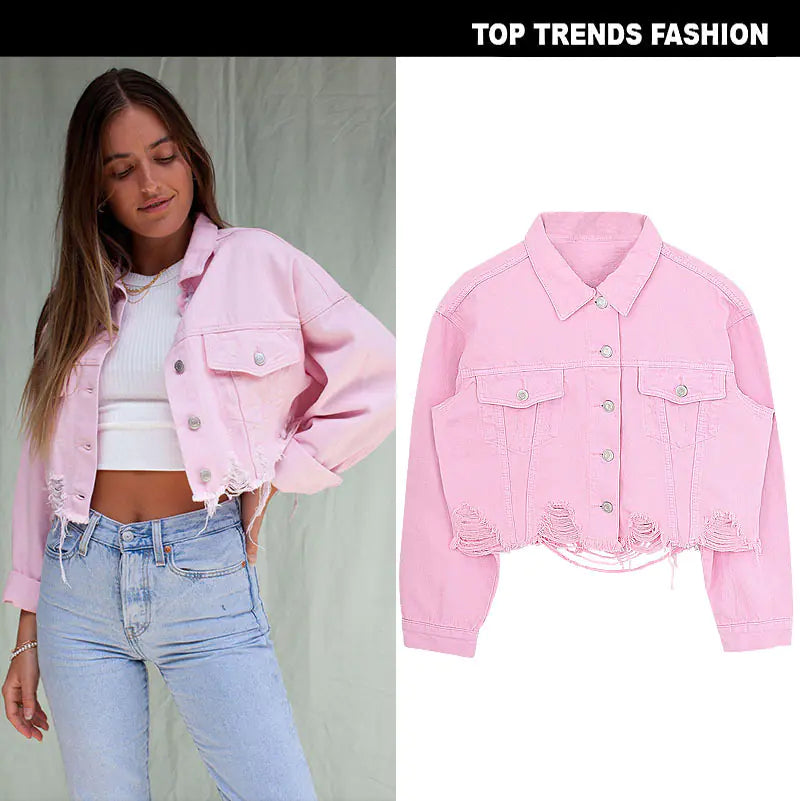 Women's Cropped Distressed Denim Jacket in Ghost Pink - Image 2