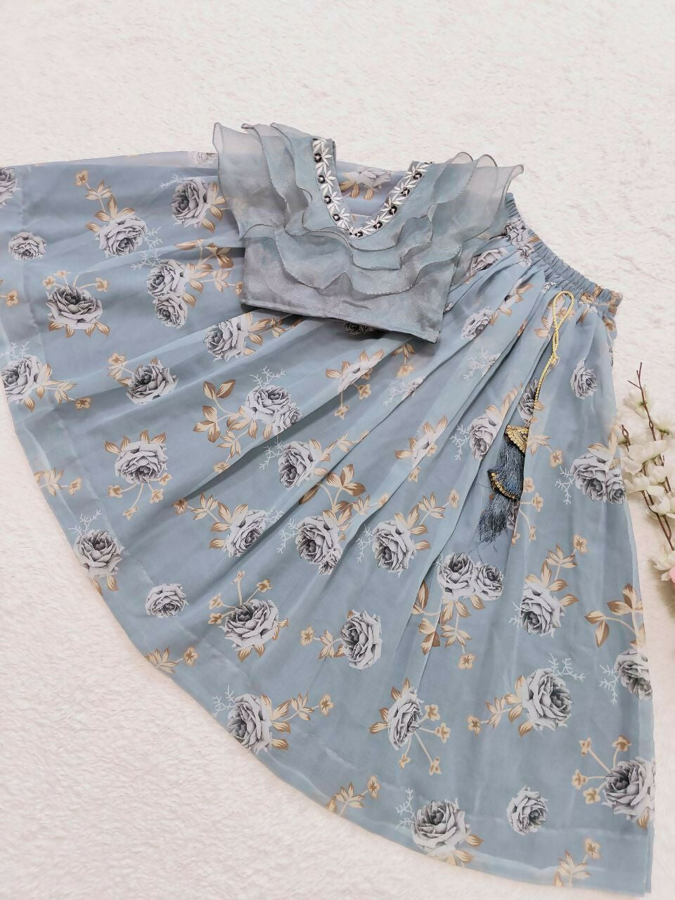 Girls Grey Faux Georgette Lehenga Choli with Fancy Latkan Work
