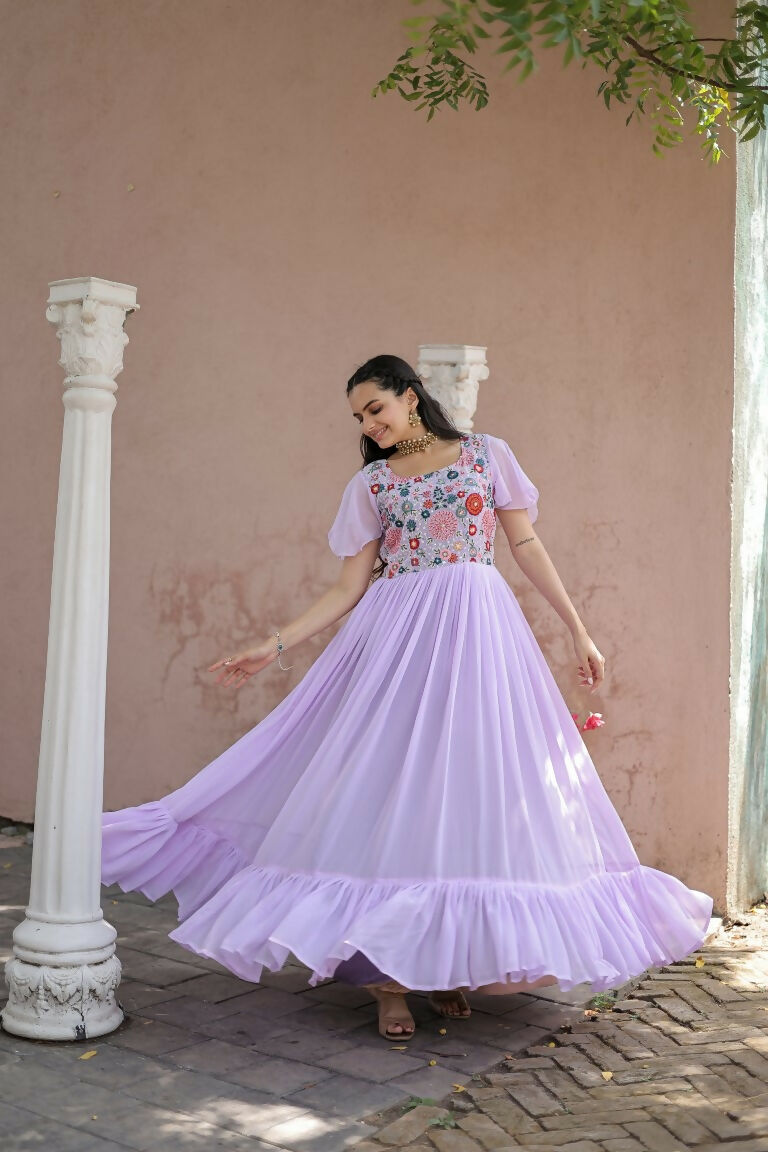 Purple Sequins Embroidered Faux Georgette Anarkali Floor-Length Dress