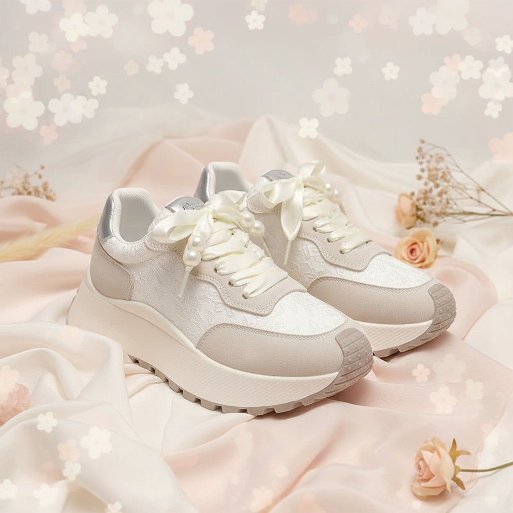 Lace-Up Platform Athletic Sneakers Mid Heel Floral Shoes