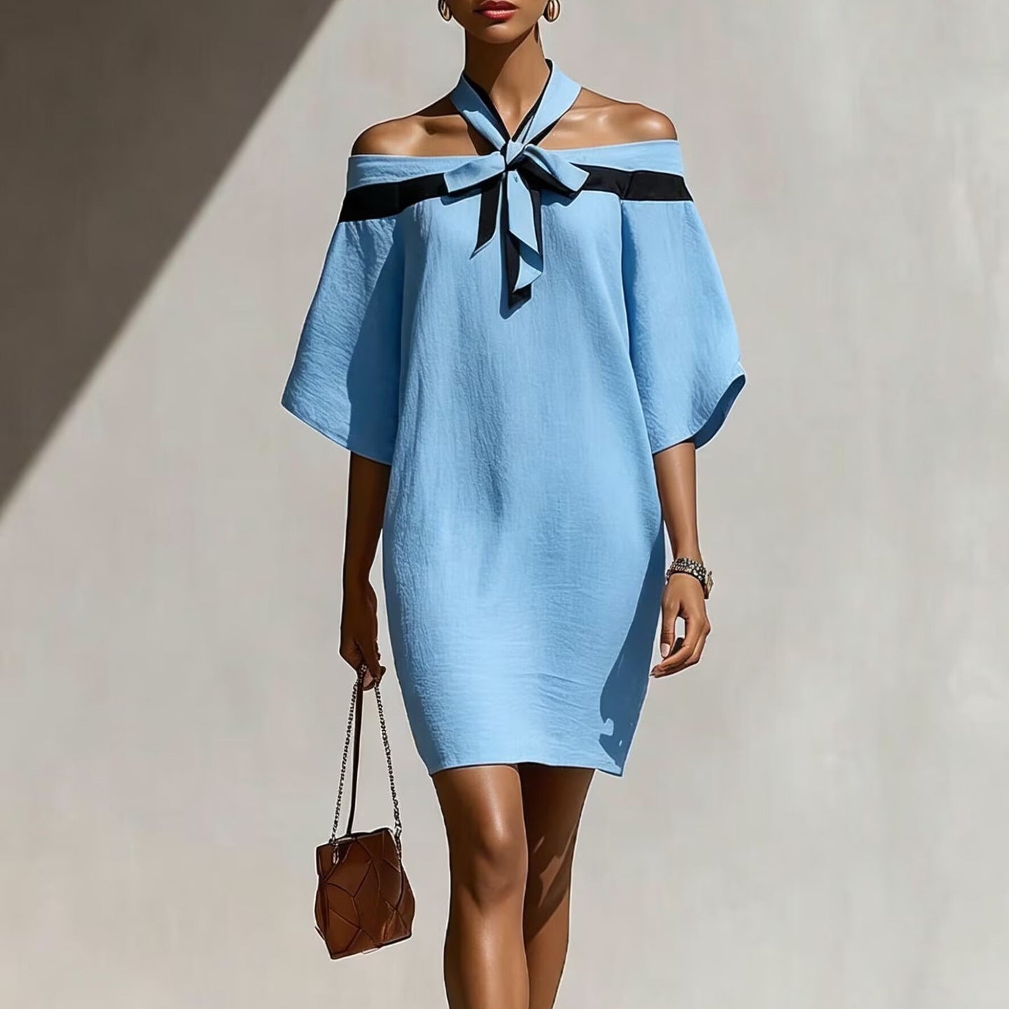 One Shoulder Bow Collar A-Line Dress – Short Sleeve Mini