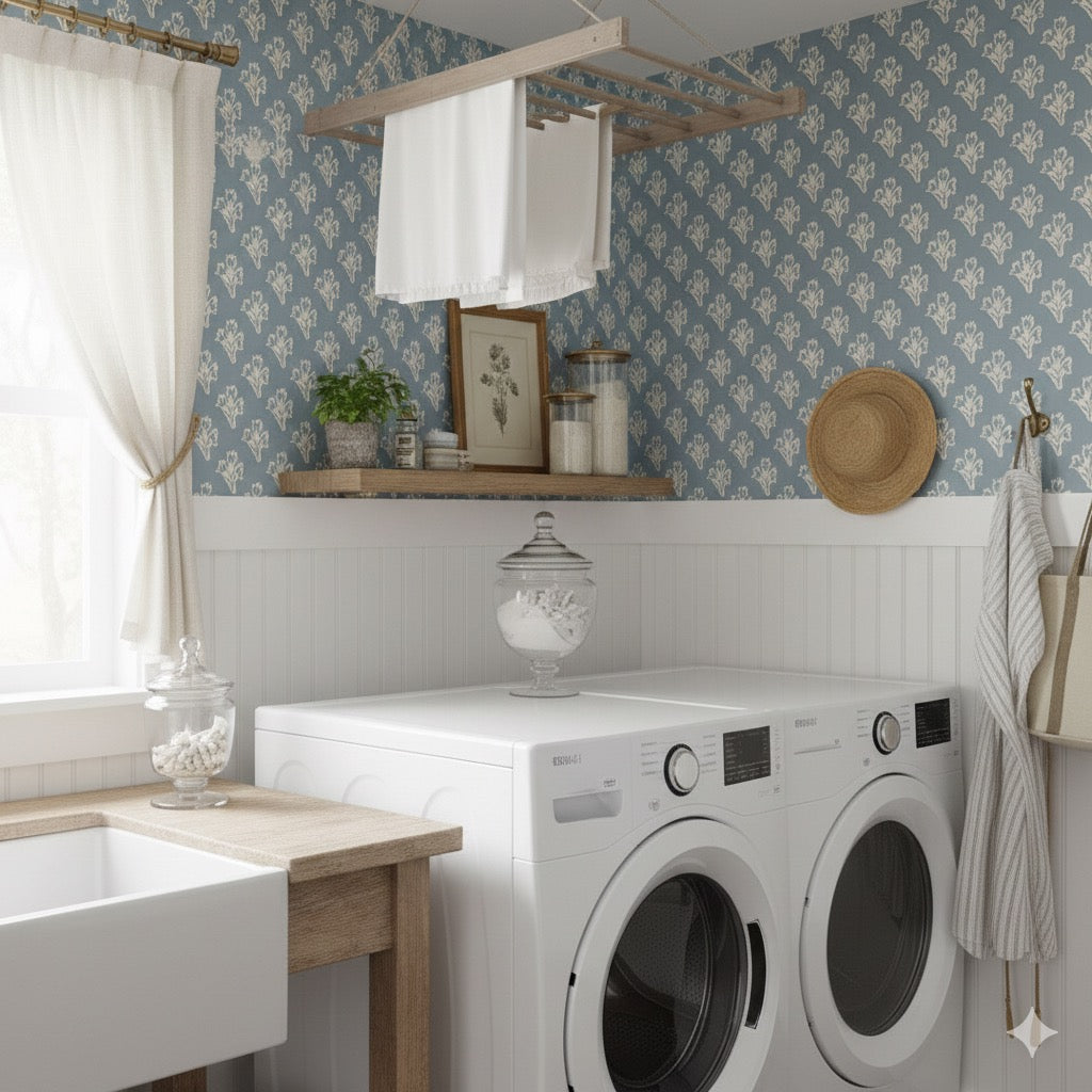 Traditional floral wallpaper in sage green, cream, and dusty blue