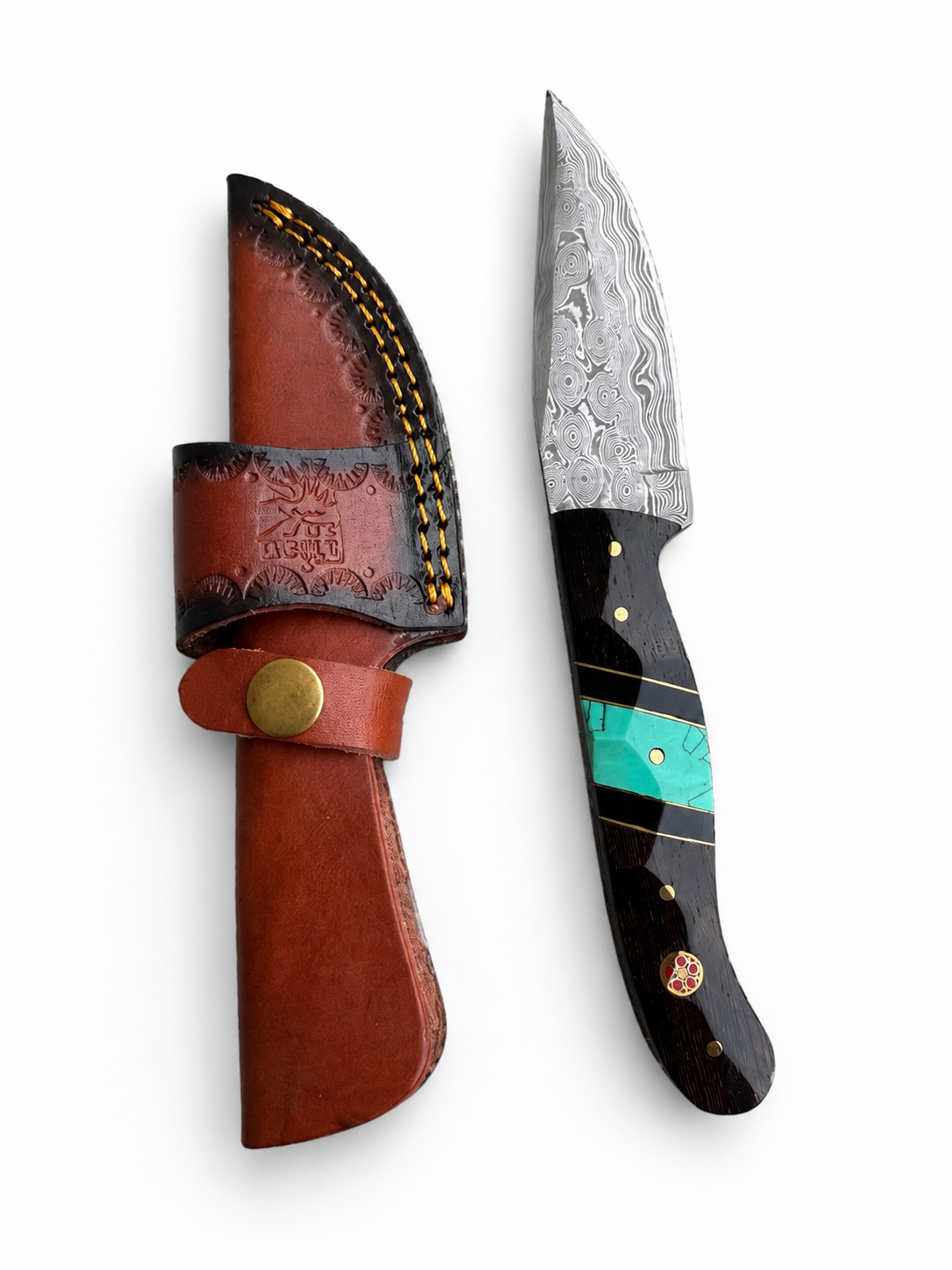 Shadowstone Damascus Hunter Knife with Leather Handle - TK-520