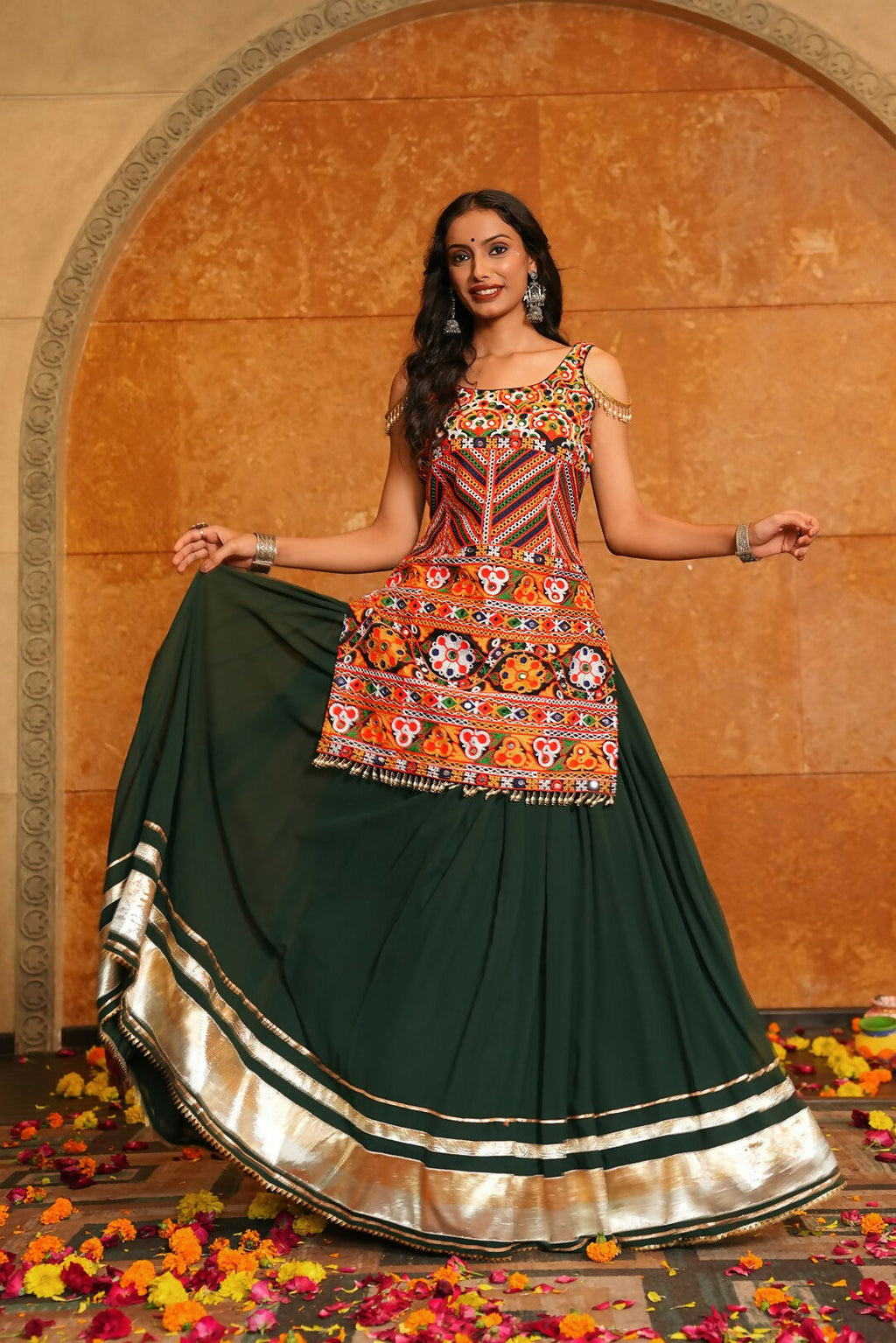 Green Georgette Designer Navratri Lehenga Choli with Multi Blouse