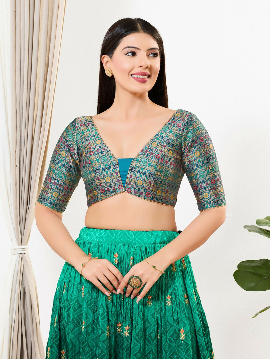 Joban Fashion Peacock Blue Brocade Padded Blouse With V Neck Elbow Sleeves