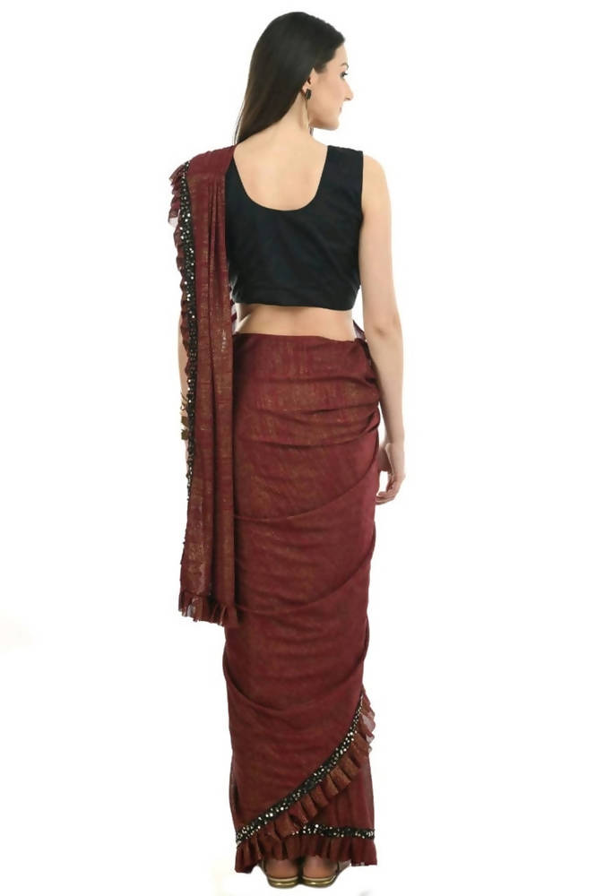Rust and Black Ruffled Ready-to-Wear Lycra Saree with Sequin Blouse