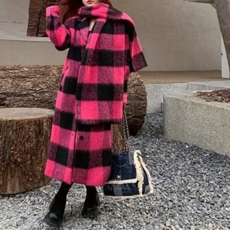 Women's Loose Fit Plaid Woolen Coat Long Harajuku Style Jacket - Image 2
