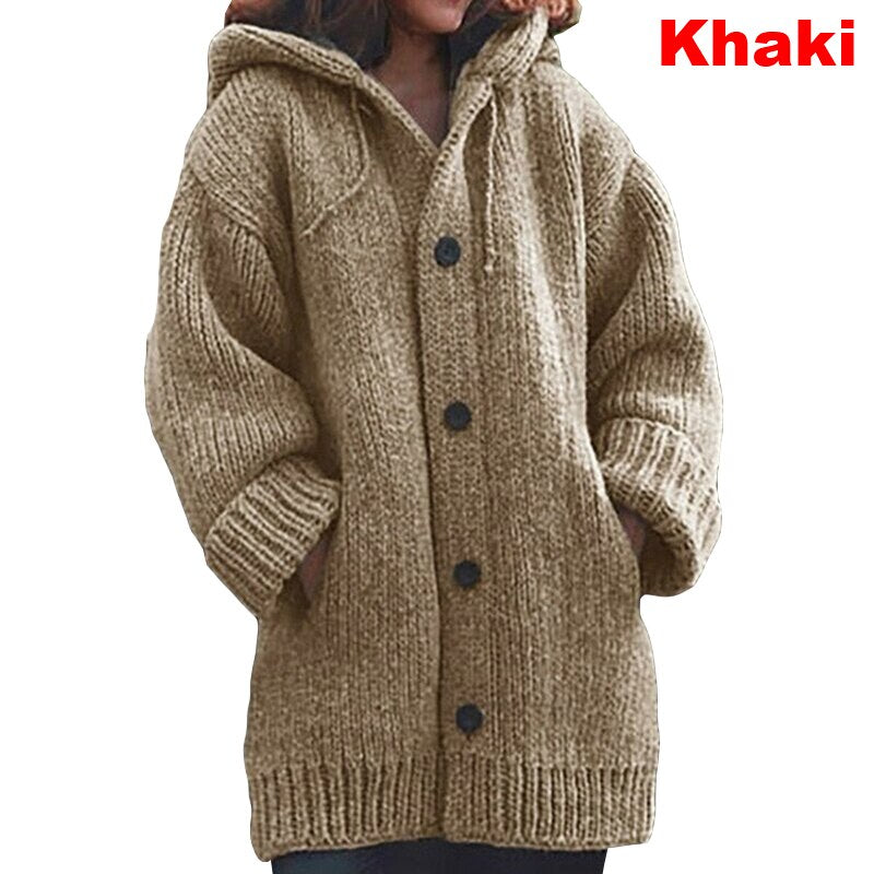 Women's Hooded Knitted Cardigan Cozy Button Up Long Sleeve Sweater - Image 12