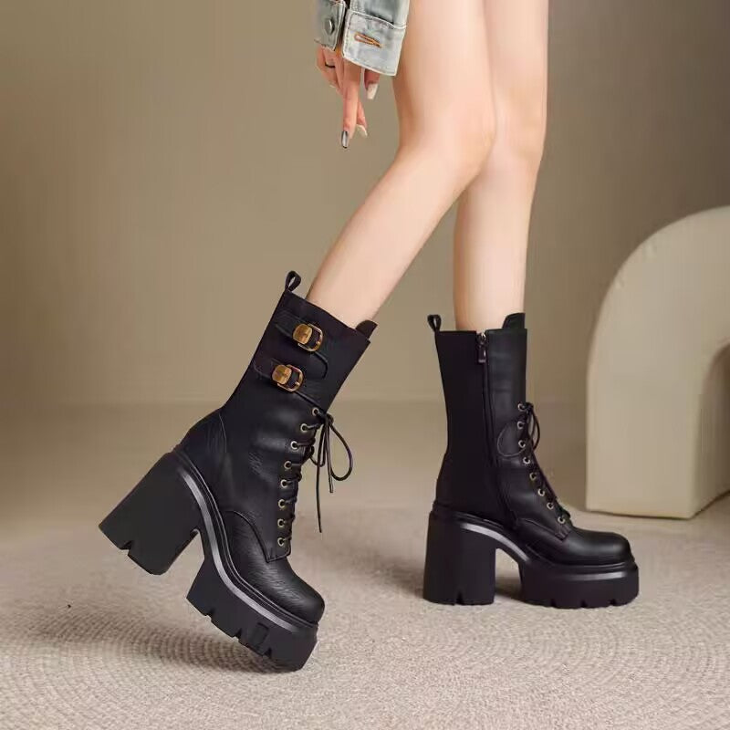 Women's Chunky Platform Combat Boots with Lace-Up & Buckles - Image 4