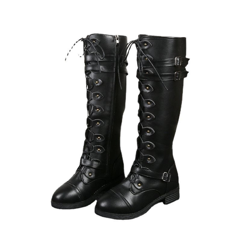 Pair of women's black Harajuku style knee-high lace-up knight boots with buckles and a side zipper. A second image shows brown boots of the same style, along with a woman wearing black boots.