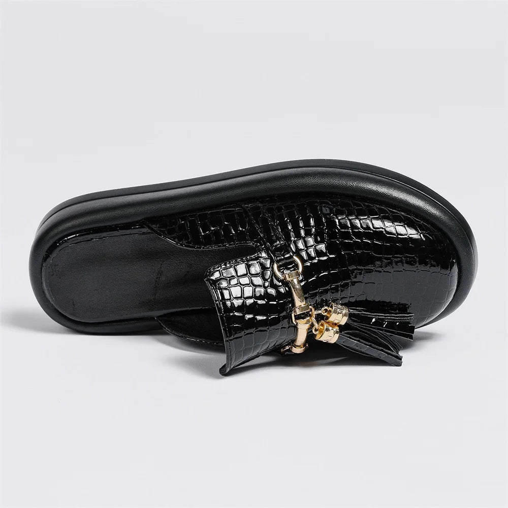 Black Croc-Embossed Tassel Mule Flats Women's Slip-On Shoes - Image 2
