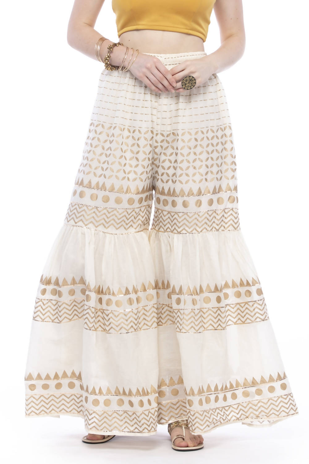 Off White Cotton Sharara with Gold Print and Gota Embellishments