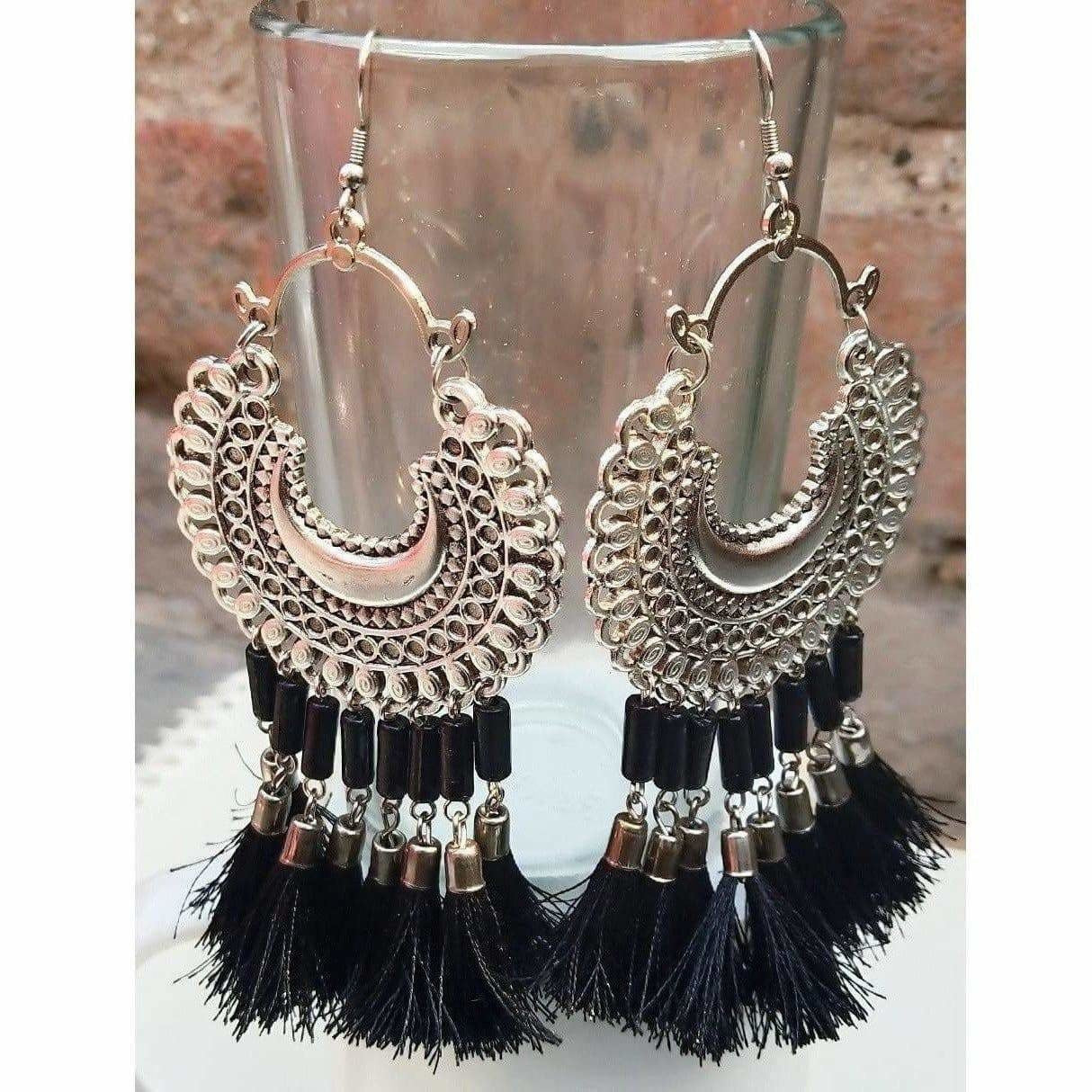 Elegant black chandbali earrings with silk threads and glass pearls