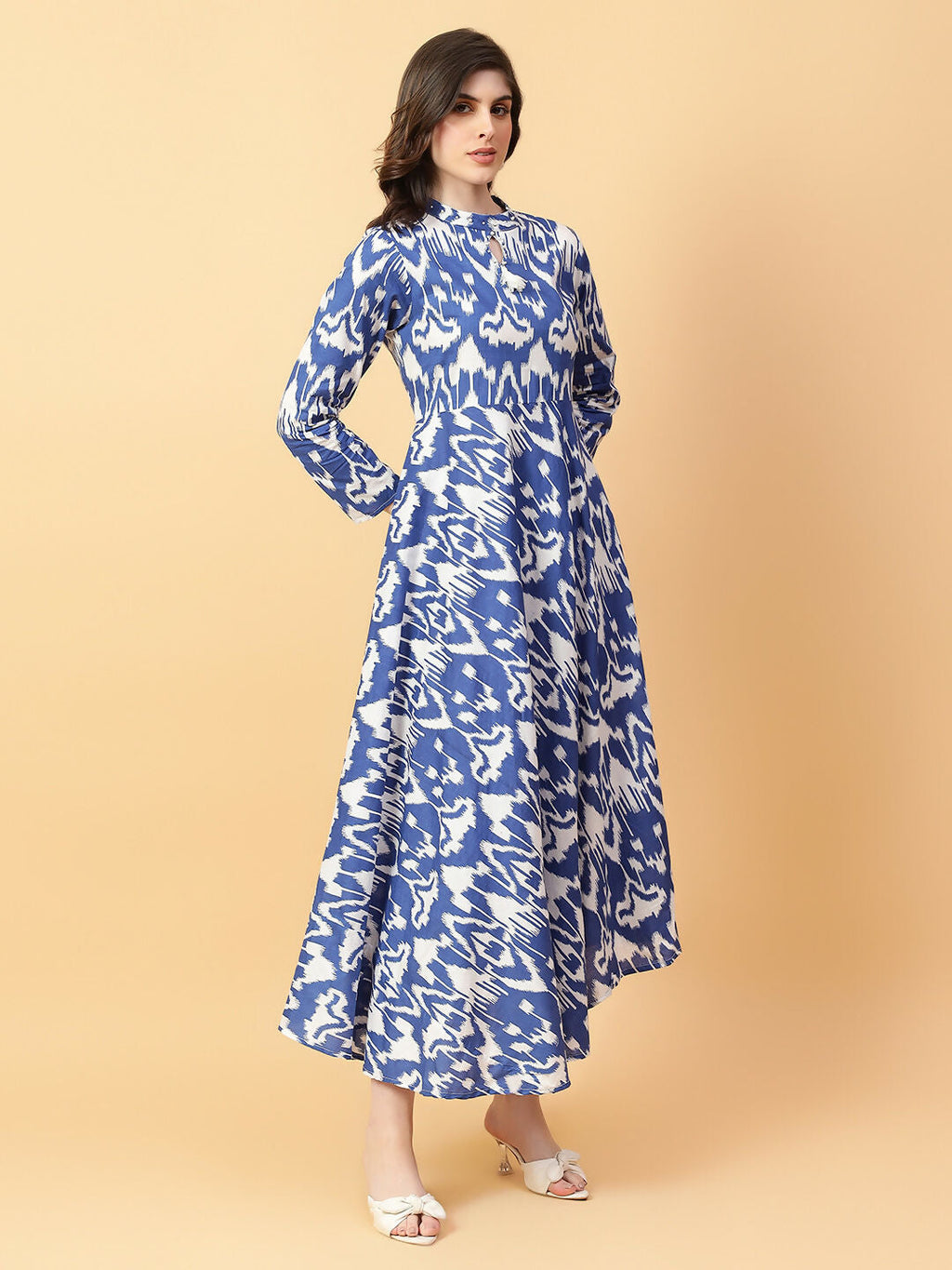 Blue Cotton Printed Dress with Hand Work - Ethnic Fusion Style