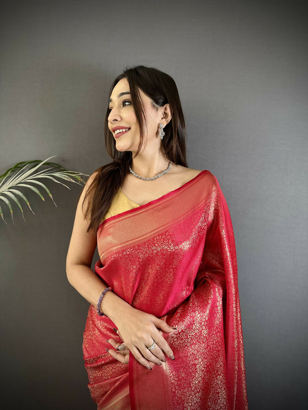 Red Soft Satin Silk Kanchipuram Saree with Floral & Ethnic Motifs