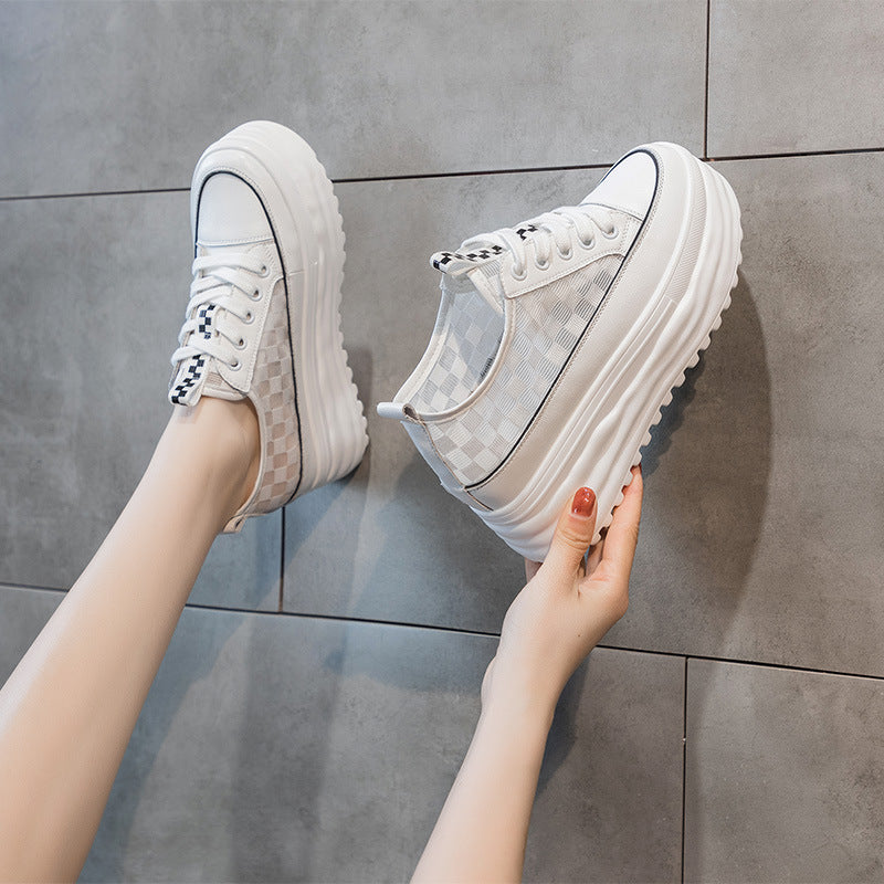 Women's Thick-Soled Platform Sneakers with Checkerboard Mesh - Image 8