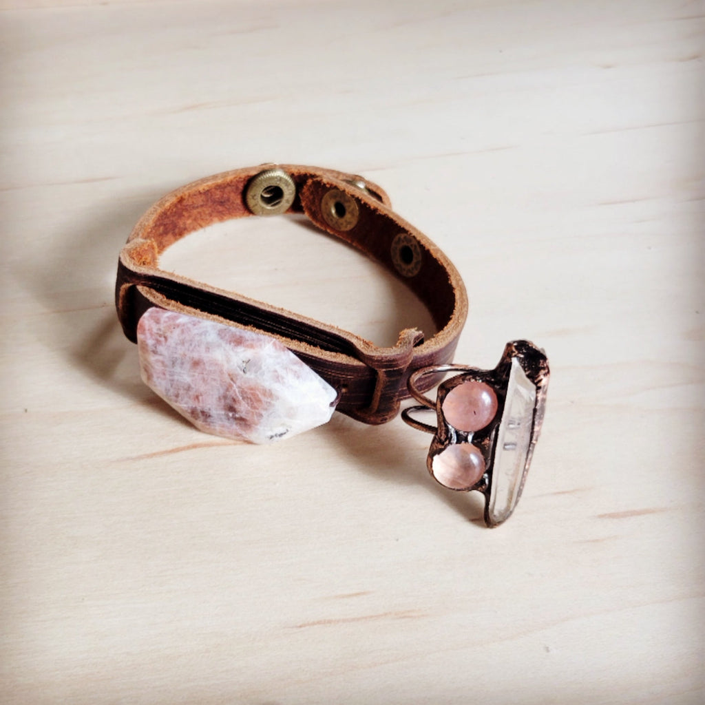 Sunstone Slab Narrow Brown Leather Cuff Bracelet - Image 5