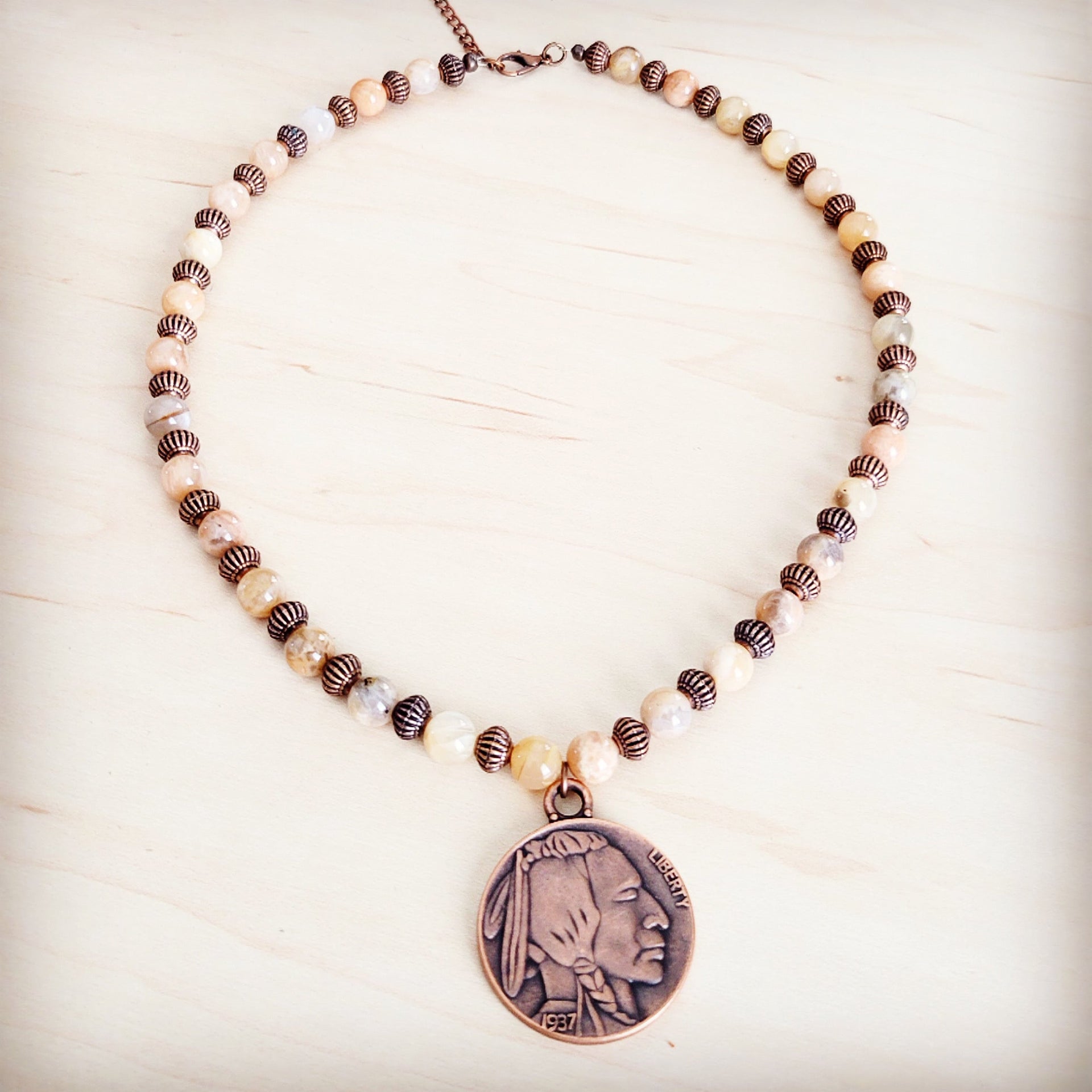 Natural Agate Beaded Necklace with Copper-Tone Indian Head Pendant - Image 4
