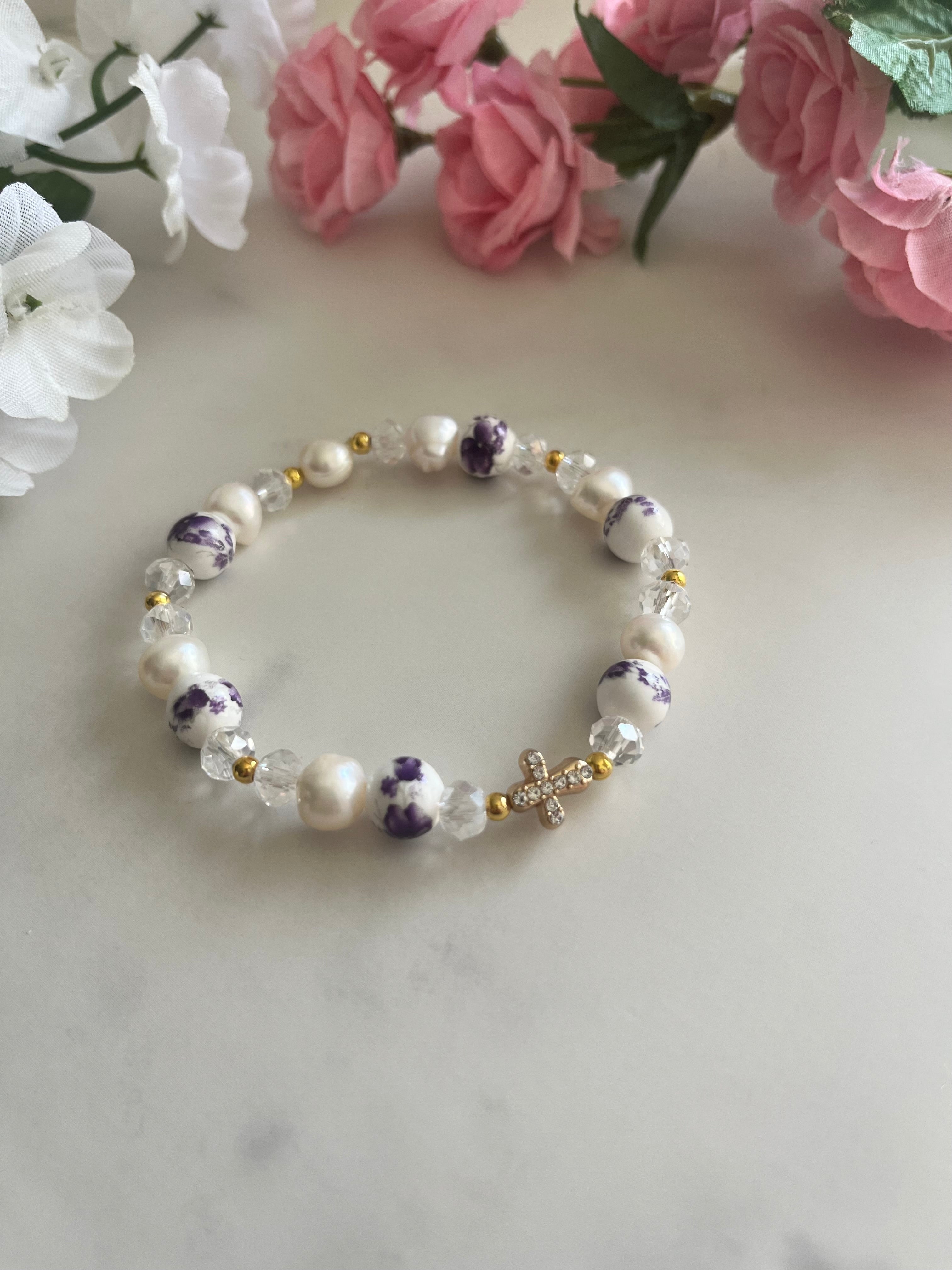 Freshwater Pearl Floral Cross Bead Bracelet Gold Accents