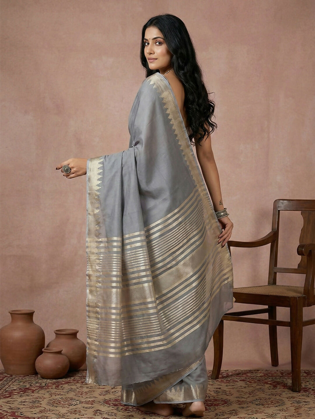 Gray Cotton Saree with Matching Blouse Piece