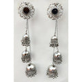 Triple-layer silver oxidized Kashmiri-style floral jhumka earrings