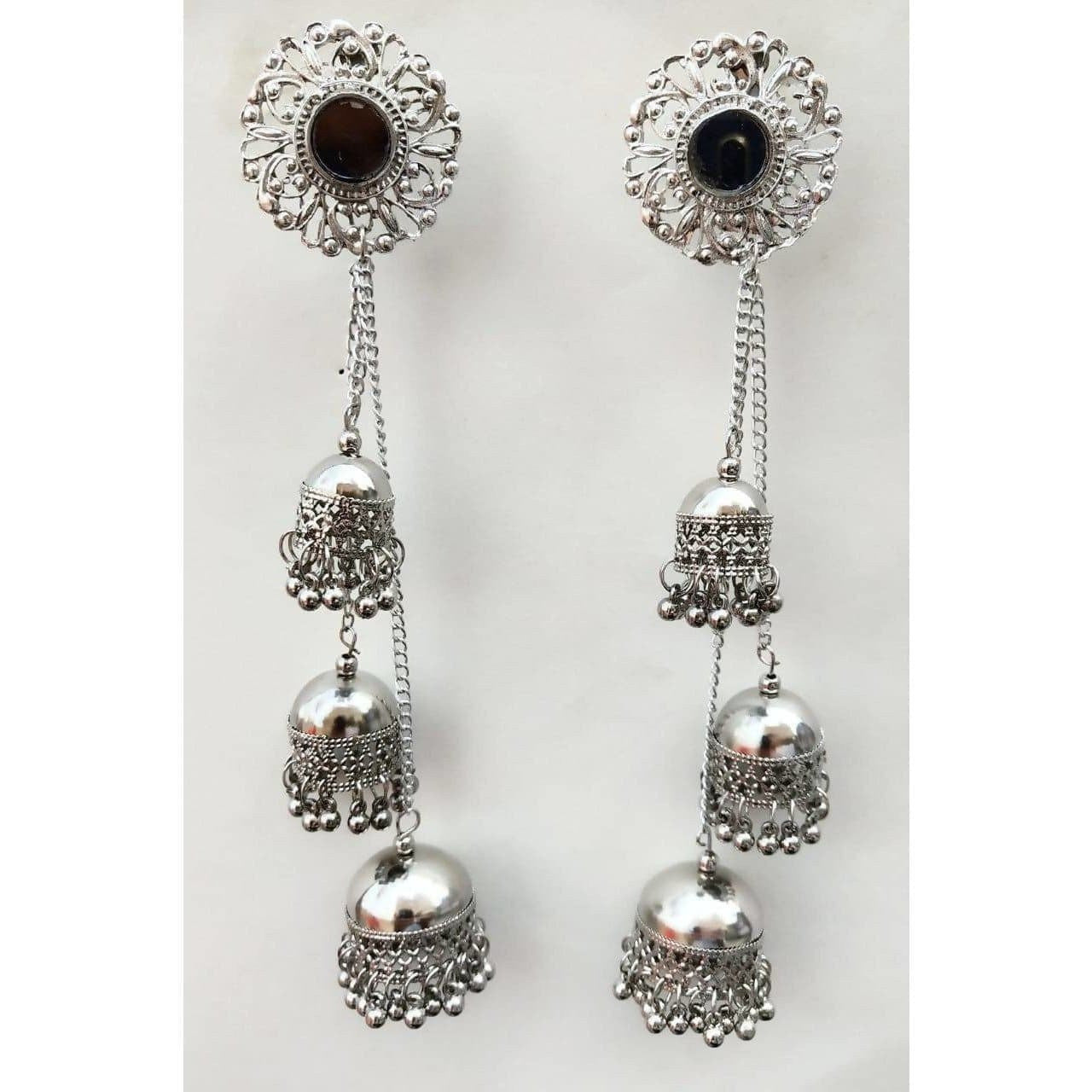 Triple-layer silver oxidized Kashmiri-style floral jhumka earrings