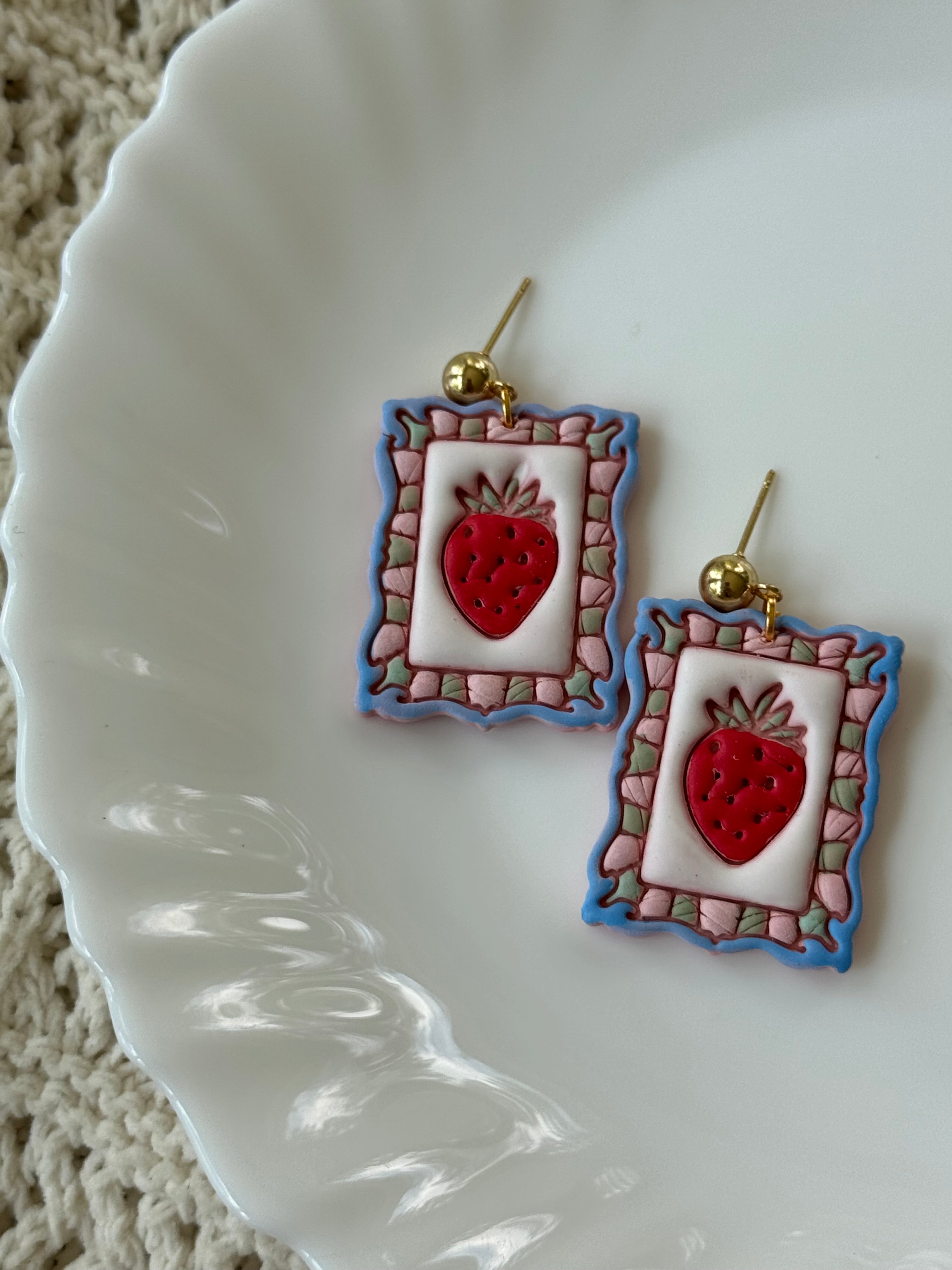 Colorful Strawberry Stamps polymer clay earrings with gold-plated hardware