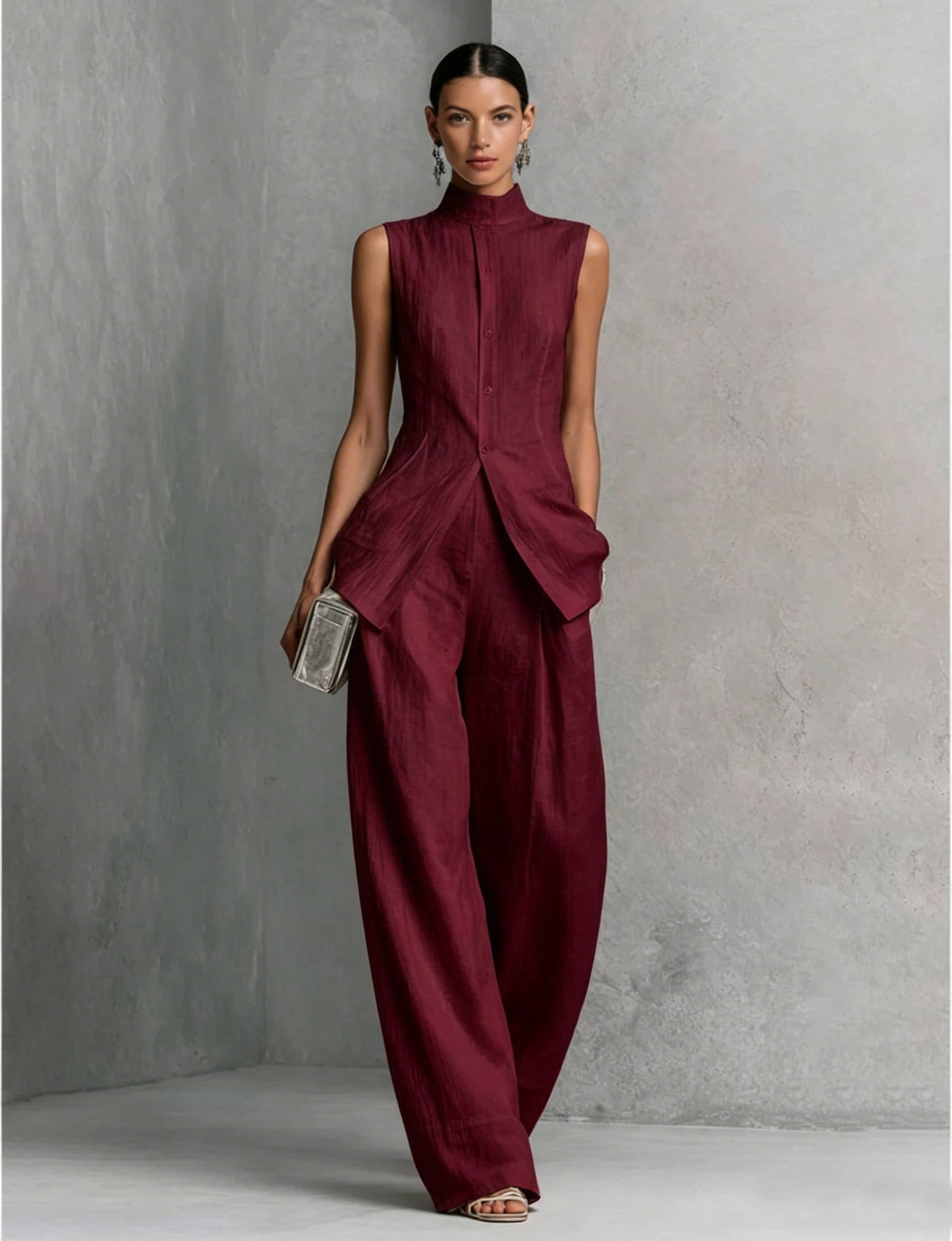 Women's Sleeveless High Neck Top and Wide Leg Pants Set - Image 9