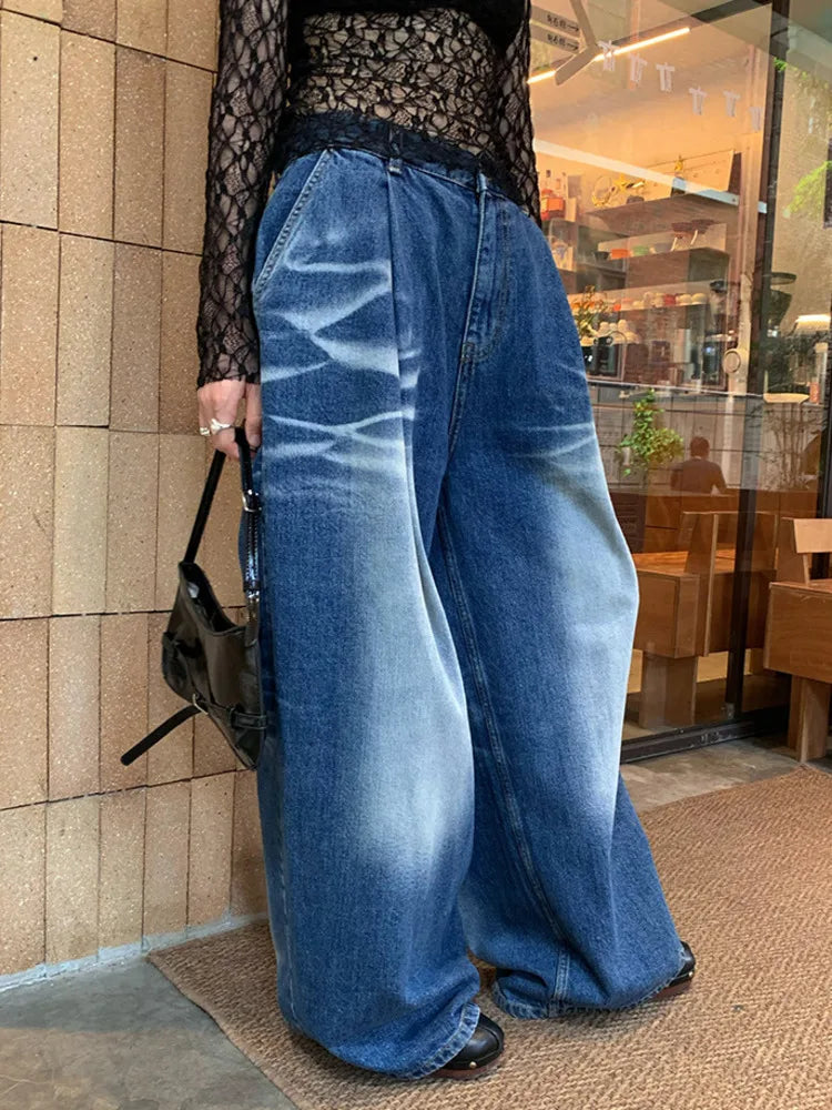 Classic Blue Harajuku Loose Pleated Wide Leg Denim Jeans - Image 2