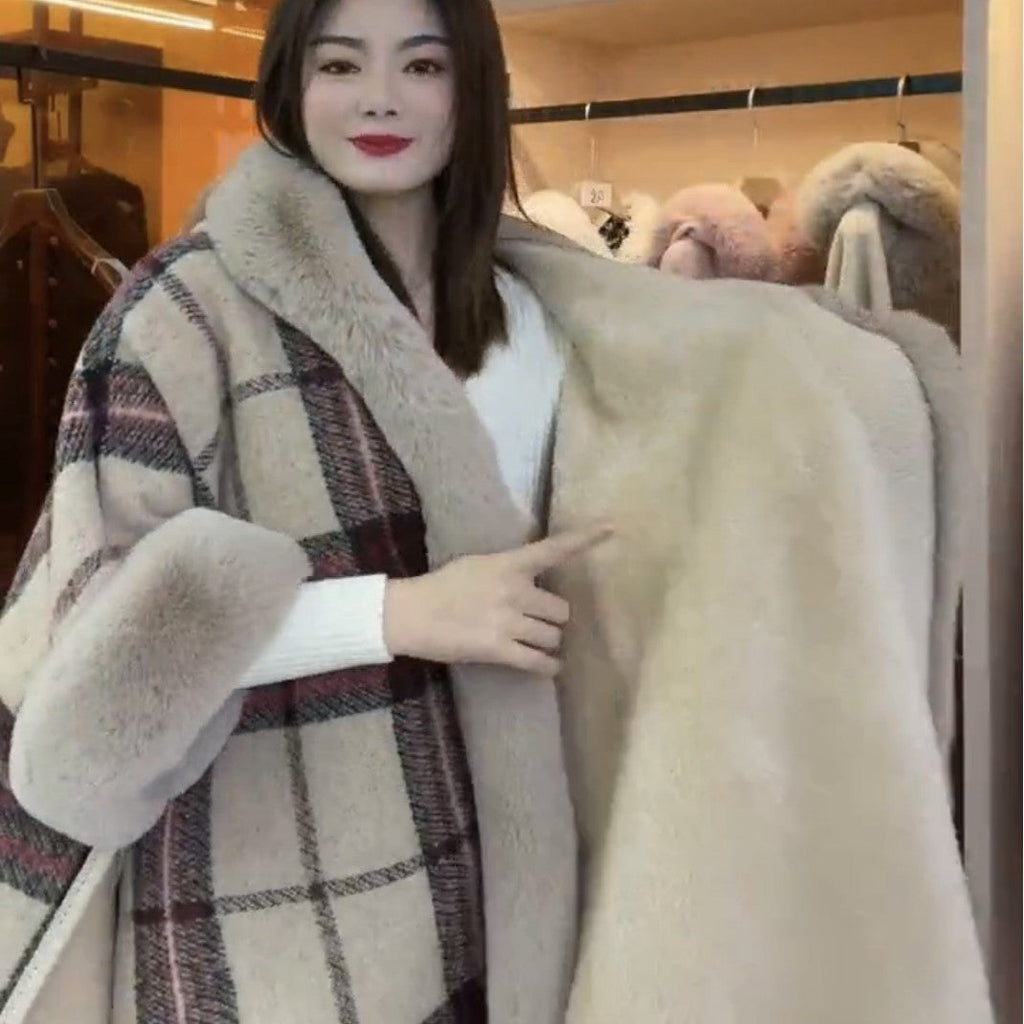Women's Knitted Hooded Poncho with Fur Trim & Tassels for Winter