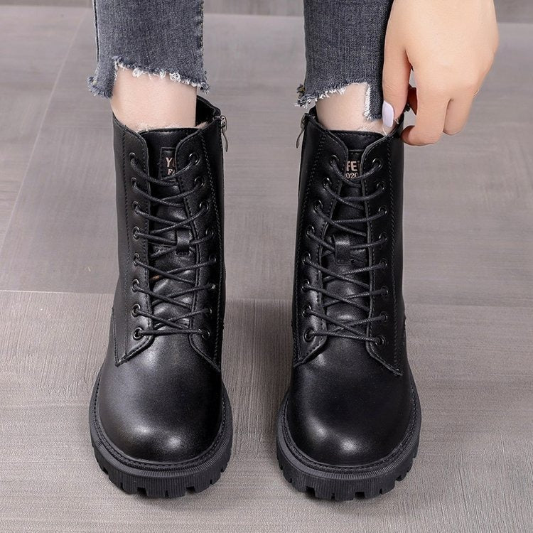 Women's Black Waterproof Combat Snow Boots with Faux Fur - Image 3