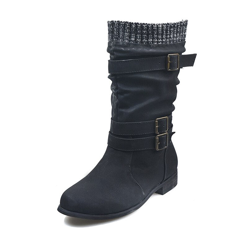 Women's Retro Chunky Heel Mid-Calf Boots with Buckles & Knit Cuff - Image 4
