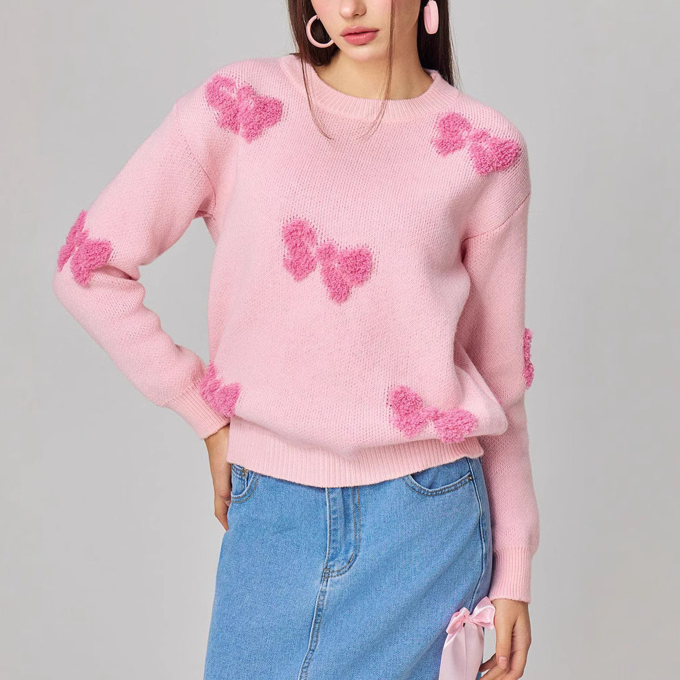 White Round Neck Long Sleeve Sweater with Pink Butterfly Accents - Image 5