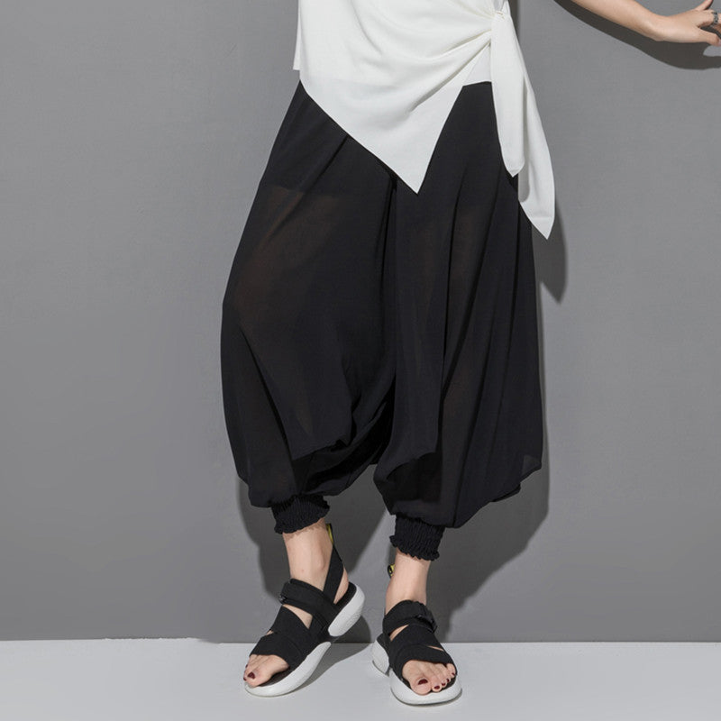 Women's Black Chiffon Harem Pants with Elastic Waist - Image 4