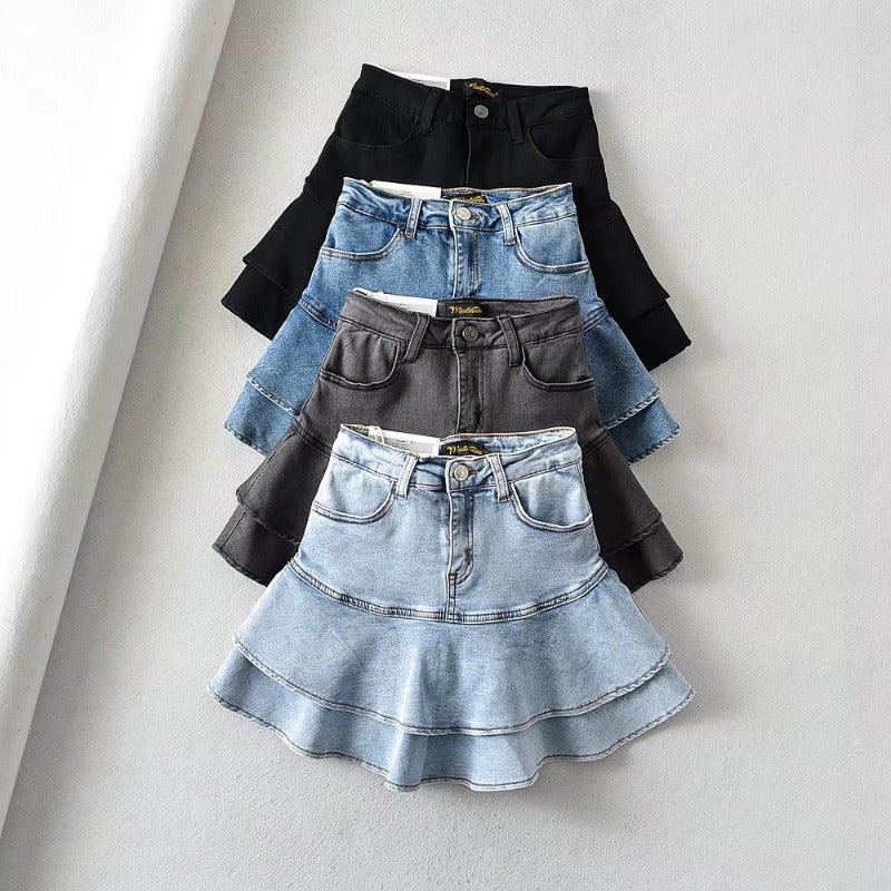 High Waisted Tiered Denim Mini Skirt with Ruffle Hem - Image 9