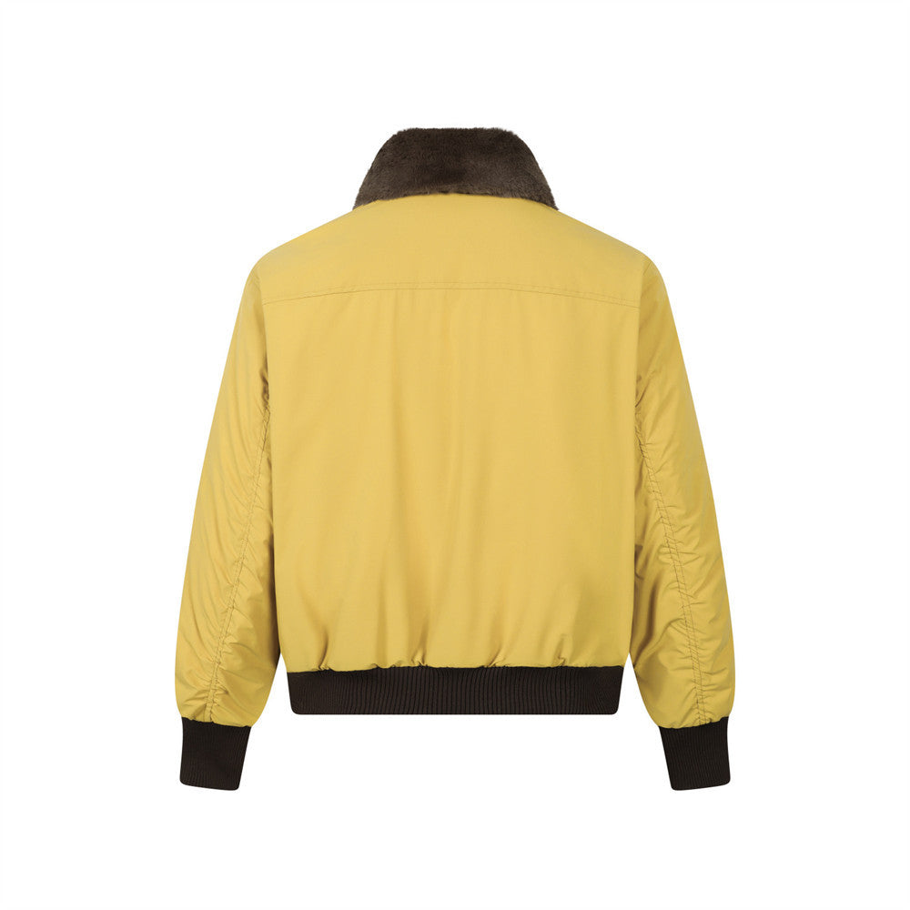 Harajuku Style Yellow Embroidered Bomber Jacket with Fur Collar - Image 2
