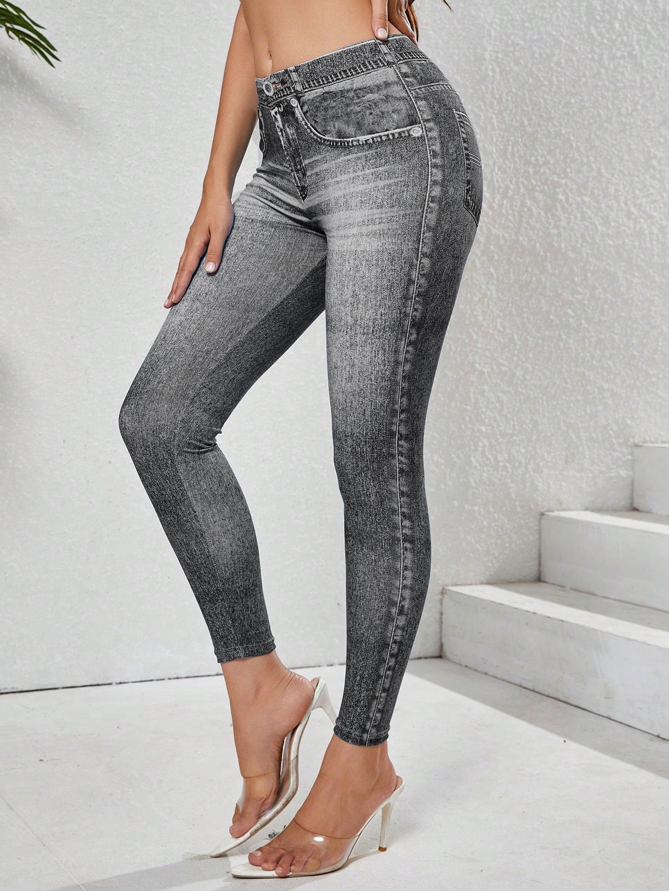 Women's High-Waisted Denim-Print Yoga Leggings Butt-Lifting Sporty