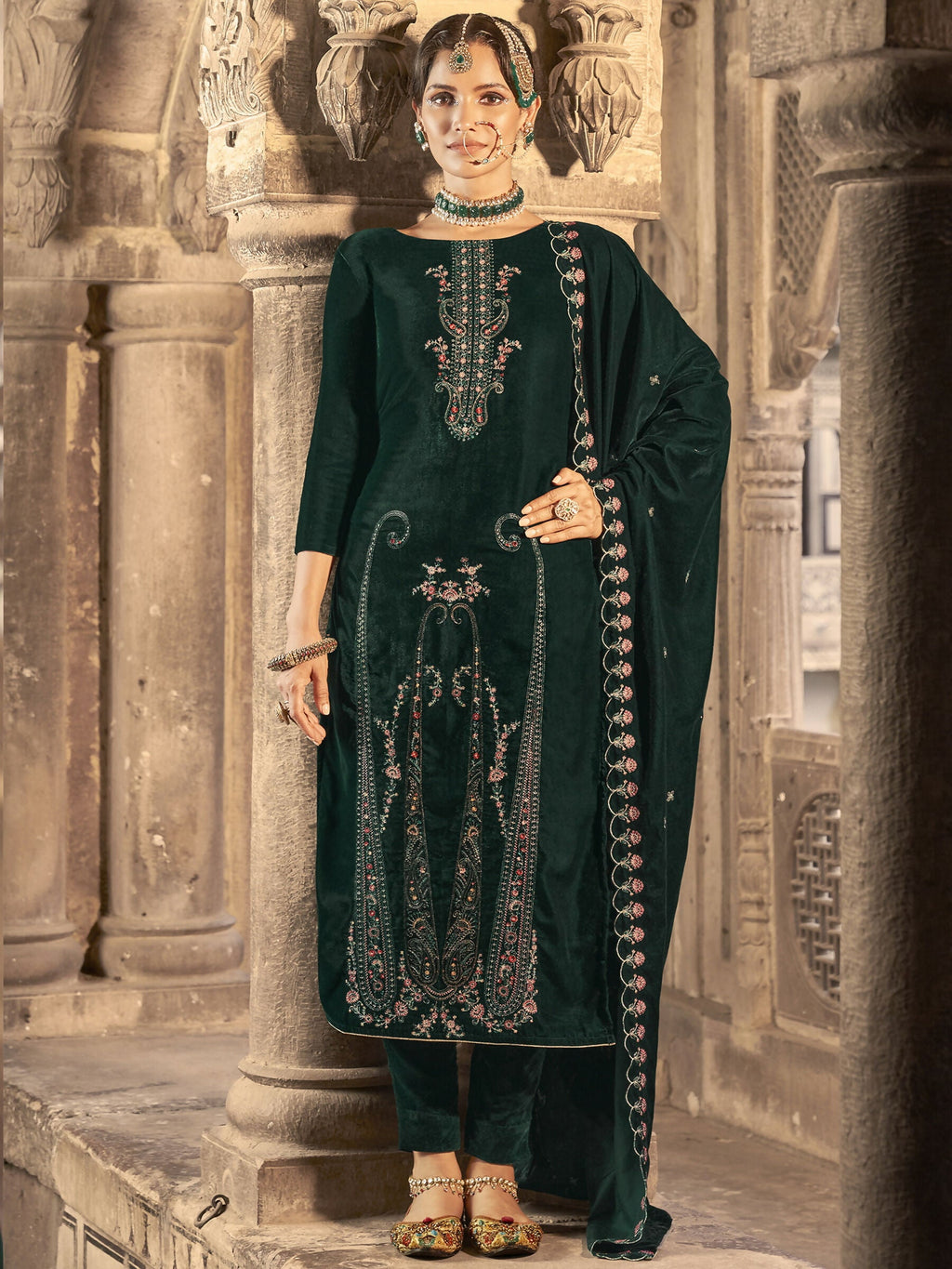 Green velvet kurta set featuring floral Resham thread embroidery and Jari work with matching dupatta.