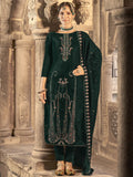 Green velvet kurta set featuring floral Resham thread embroidery and Jari work with matching dupatta.